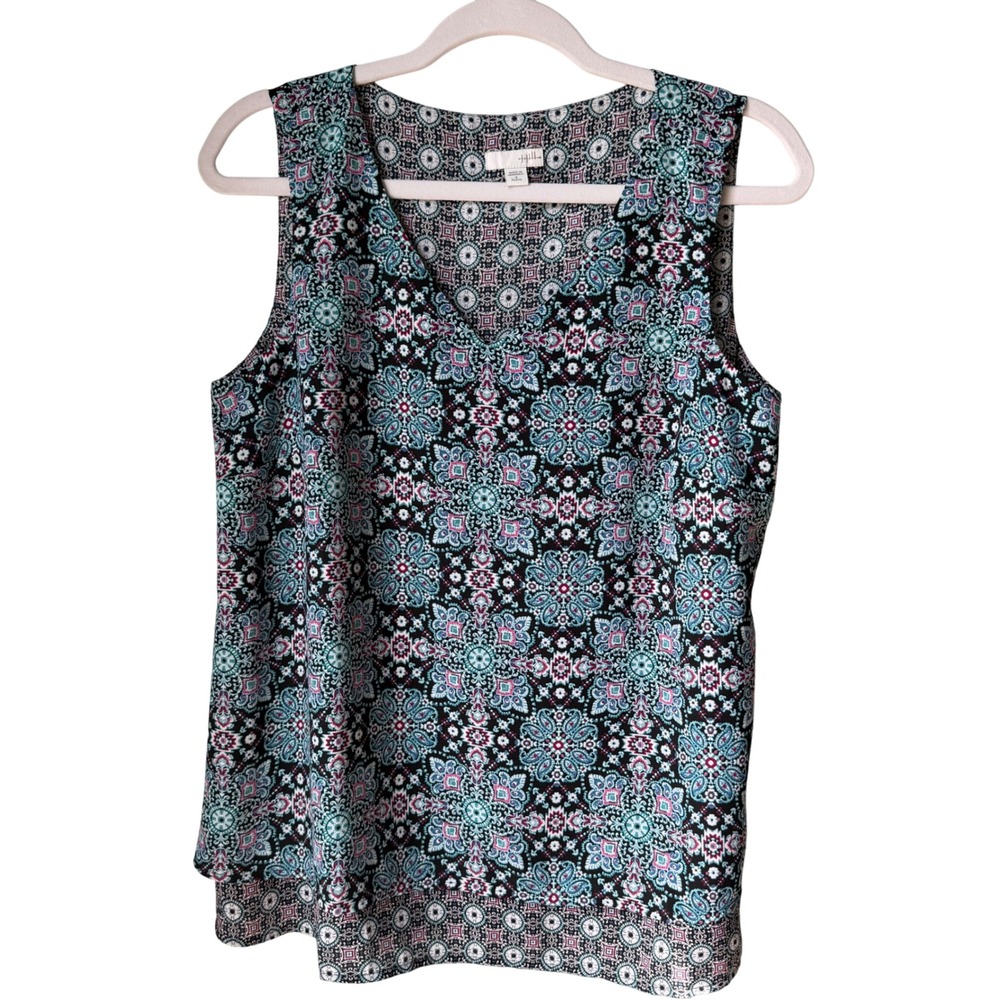 J. Jill Top Paisley Medallion Print Sleeveless Layered V-Neck Travel SP S Petite